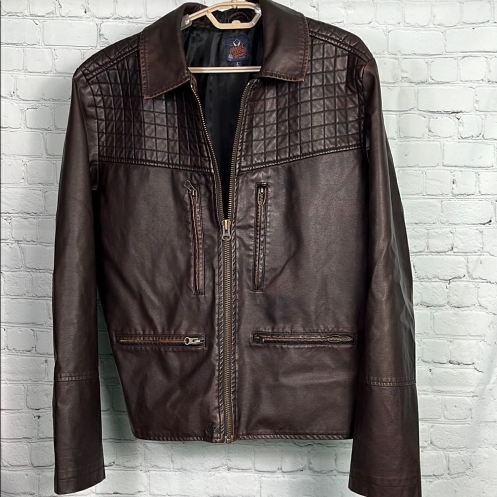 Moonshine Outlaw Men’s Faux Brown Moto Biker Leather Jacket Size Large